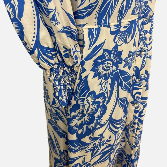 Cabi Athena Button Front Midi Dress Floral Print Puff Shoulder Cream Blue XS - Picture 6 of 13